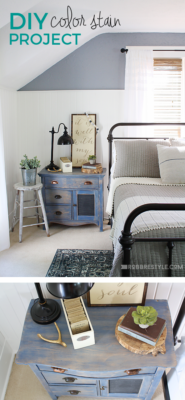 DIY Color Stain Project: Bedroom Sideboard in vintage denim blue by RobbRestyle.com