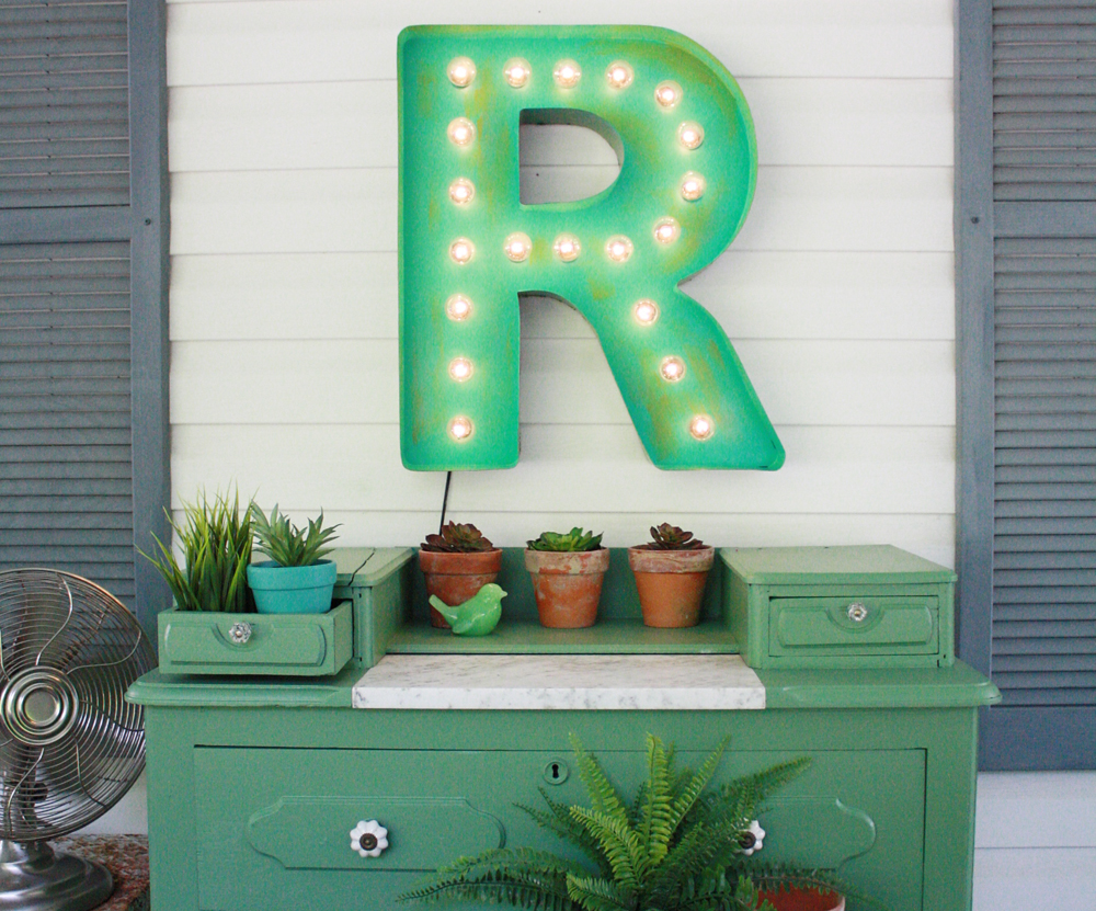 vintage green marquee letter porch decor