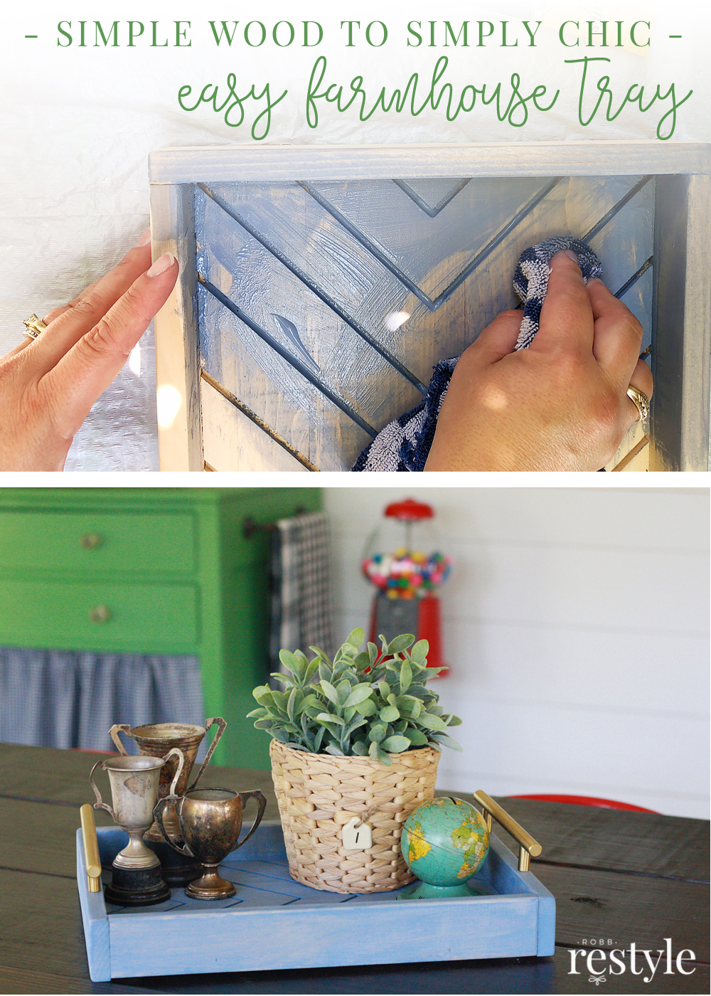 Create a cute wooden tray with farmhouse style vibes. This easy DIY project uses my favorite shade of color stain and some leftover hardware.